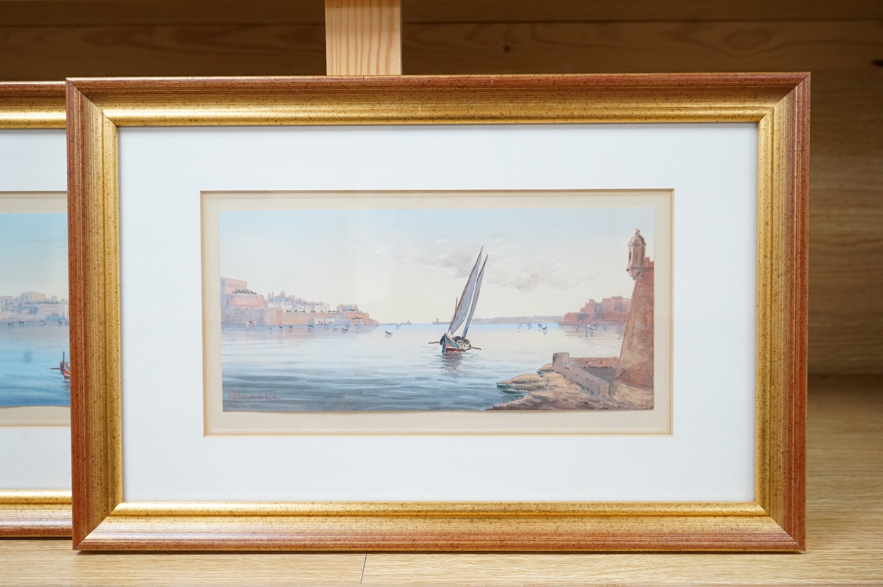 Joseph Bonello, Harbour scenes, Malta, signed, pair of watercolour and gouaches, 11 x 25cm